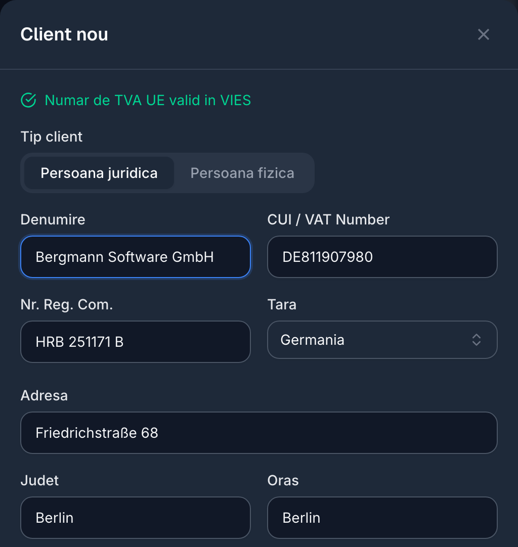 Formularul de client nou din Contami, cu Bergmann Software GmbH, numărul de TVA UE verificat în VIES, numărul de la registrul comerțului, țara Germania, adresa din Berlin și scadența de 30 de zile