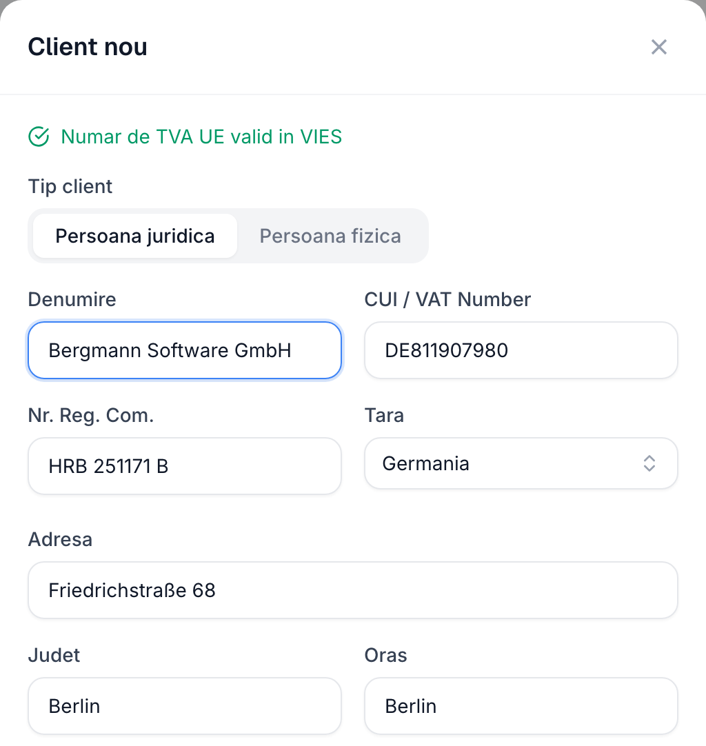Formularul de client nou din Contami, cu Bergmann Software GmbH, numărul de TVA UE verificat în VIES, numărul de la registrul comerțului, țara Germania, adresa din Berlin și scadența de 30 de zile