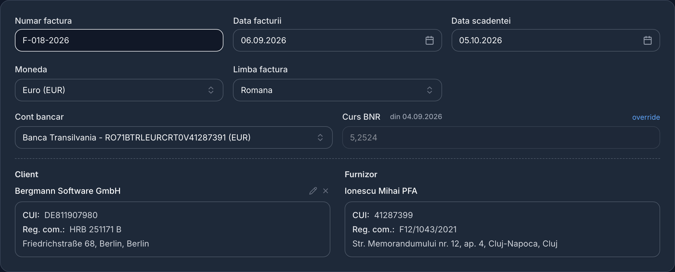 Formularul de factură nouă din Contami, cu moneda Euro, contul bancar în EUR, cursul BNR cu data publicării și clientul german