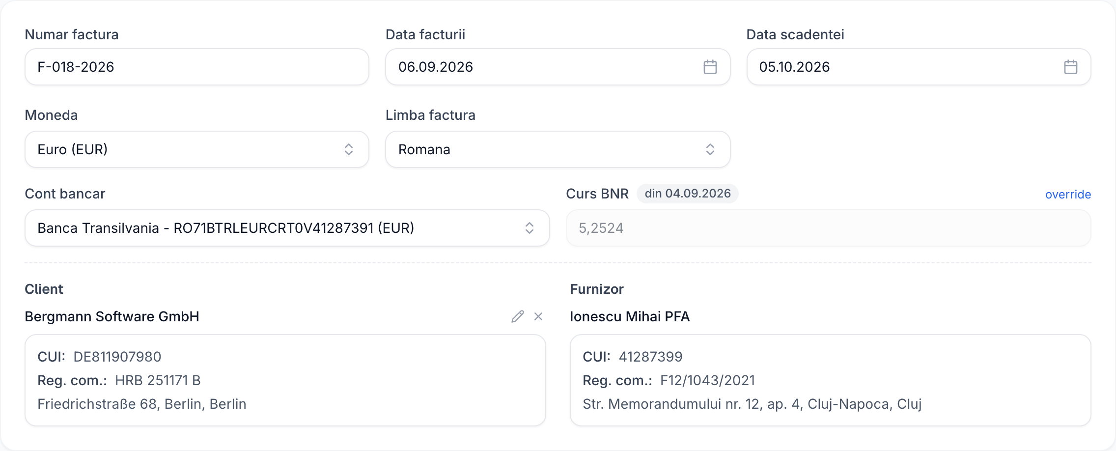 Formularul de factură nouă din Contami, cu moneda Euro, contul bancar în EUR, cursul BNR cu data publicării și clientul german